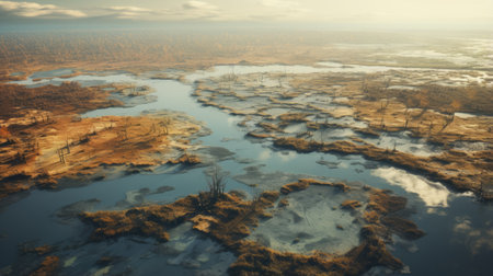 aerial view showcasing a 3d retouched photo of a diverse landscape featuring land, water, and desert. this royalty-free image captures the essence of post-apocalyptic, gauzy atmospheric, and dutch landscapes. the golden light illuminates the abandoned spaces, creating a soft color field. shot with a leica r3 camera. ai generatedの素材