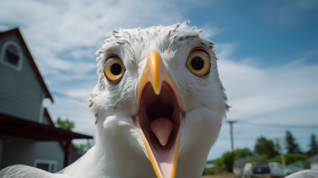 a bird with an open mouth, captured in a satirical commentary style with fisheye effects. the overexposure adds to the cottagepunk aesthetic, reminiscent of kitty lange kielland's work. the low-angle shot emphasizes the bird's facial expression, creating a visually striking image. ai generatedの素材