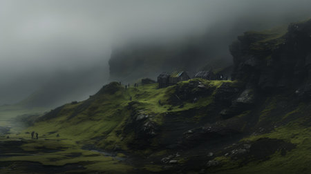 a foggy landscape featuring a hill adorned with trees and rocks stands as the centerpiece of this captivating photo. with elements reminiscent of cabincore and matte painting, this 32k uhd image beautifully depicts rural life. the national geographic-worthy composition showcases a harmonious blend of green and black hues, along with dark gray and green tones. ai generatedの素材