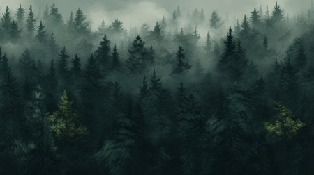 fog and fogger wallpaper featuring a digital painting and drawing style. this woodland goth wallpaper showcases a panoramic scale with dark green and gray hues. inspired by slovenian paintings, this commission for jeff danziger captures the mysterious beauty of fog in a captivating way. ai generatedの素材