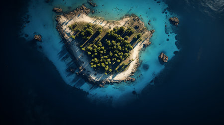 a small island adorned with lush trees, captured from an aerial perspective, showcases the breathtaking expanse of the ocean. this vray-traced photograph by petros afshar beautifully captures the essence of romantic ruins, playing with light and shadow. the matte finish of the image enhances its artistic appeal, while the use of rtx technology adds a touch of realism to the scene. ai generatedの素材