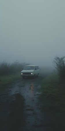 a grey car drives down a highway, enveloped by fog clouds in a scene reminiscent of simon stalenhag's nostalgic rural life depictions. captured with the zeiss batis 18mm f2.8 lens, the image exudes a sense of mystery and tranquility. the nightscapes, rendered in maya by lev lagorio, evoke the atmospheric beauty portrayed in lois van baarle's artwork. ai generatedの素材