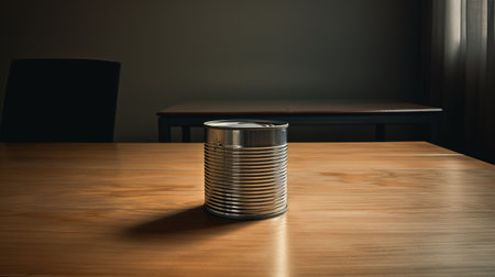 a tin can, placed on a table atop a desk, is captured in this photo. the image showcases a freeform minimalistic style, with an 8k resolution. it incorporates social commentary and political minimalism, utilizing the unreal engine. the zeiss batis 18mm f2.8 lens is employed to create exaggerated perspectives. ai generatedの素材