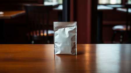 a bag of salt sits on a restaurant table, showcasing a sleek metallic finish. the photo captures layered depth and embraces lo-fi aesthetics. the silver and brown tones create a visually appealing contrast. shot with a wide-angle lens, the image reveals hidden details within the bag. the composition is sparse and simple, adding to its overall charm. ai generatedの素材