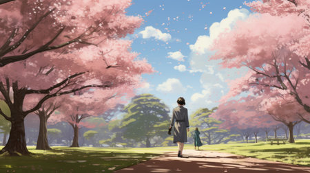 a black woman walks on a path under cherry trees in this anime-style matte painting. this angura kei commission features realistic figures against a backdrop of light pink and dark gray. the vibrant colors of the cherry blossoms contrast beautifully with the light sky-blue and dark green surroundings. ai generatedの素材