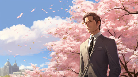 a man stands amidst a backdrop of pink blossom trees, reminiscent of romantic manga. the photorealistic portraits capture his elegance and formal demeanor, while his anime-inspired character design adds a touch of animation. the color palette of light gray and brown complements his handsome appearance, creating an enchanting scene of animated illustrations. ai generatedの素材