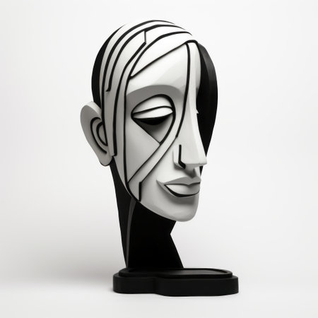 abstract sculpture of a small head titled "la chevet," inspired by the style of daz3d. this black-and-white graphic artwork showcases simplified and stylized portraits with detailed character design. the sculpture is depicted in frontal perspective, featuring art deco designer influences and painterly lines. ai generatedの素材
