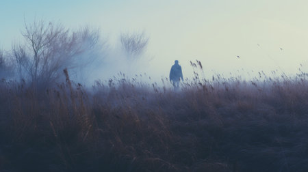 a person stands in a grassy field, surrounded by misty and ethereal landscapes. the image, captured with a nikon d850, exudes an otherworldly realism reminiscent of dutch genre scenes. the dark white and sky-blue tones create a romanticized depiction of wilderness, transporting viewers to a dreamlike setting. ai generatedの素材