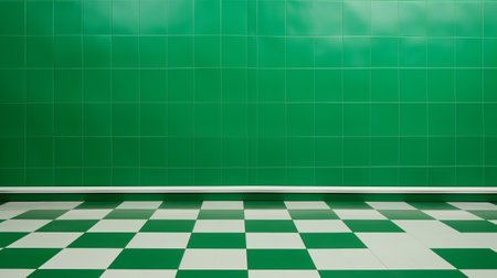 a photo of an empty, dark room featuring a green and white tiled floor and table. the room is designed with bold lines and vibrant colors, creating a visually striking atmosphere. the glossy finish and high resolution of the image enhance the overall impact. the photo captures the essence of the pont-aven school, known for its bold color field techniques. ai generatedの素材