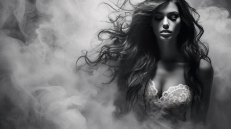 a mixed media artwork featuring a black and white texture, reminiscent of a smokey background. inspired by the styles of anne stokes, jan van scorel, and kevin hill, this piece showcases a pattern explosion with rough clusters. the matte photo finish enhances the overall effect, while the high resolution and hd quality ensure stunning detail in this 16k artwork. ai generatedの素材