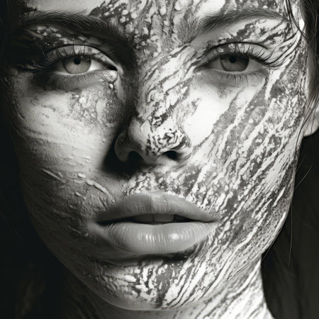 a black and white portrait of a woman with her face painted white, showcasing a metallic texture. the tender depiction of nature is enhanced by highly detailed figures and highly polished surfaces. the photorealist details capture unapologetic grit, while the textural detail adds depth to the overall composition. ai generatedの素材