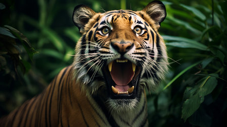 a bengal tiger, captured in the midst of a powerful roar, dominates the jungle landscape. this stunning photograph, processed in the unique style of cross-processing, showcases the tiger's intensity and raw beauty. shot in 8k resolution, this national geographic photo is a contest winner, known for its emotive storytelling. the dark orange and dark magenta tones add depth and drama to the image, creating aの素材