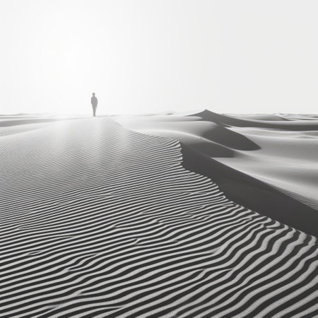 black yin and yang dunes in the desert, reflecting sunlight. minimalistic figurative style with striped compositions, monotone traces, texture exploration, pixelated realism, linear patterns, and soft mist. ai generatedの素材