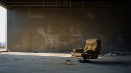 the chair sits in a deserted building, surrounded by a smokey background. captured with a carl zeiss distagon t 15mm f/2.8 ze lens, the image showcases a dark beige chair embodying japanese minimalism. luxurious textures and the use of a leica m10 camera add depth to the composition, while the chair's leatherhide material adds a touch of elegance. ai generatedの素材