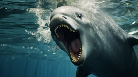 the creature, with emotive facial expressions, is about to enter the aquarium. this national geographic photo showcases precise hyperrealism, with a captivating combination of dark cyan and white colors. the whiplash line adds a dynamic element to the image, while the smilecore aesthetic and digitally enhanced details make it truly mesmerizing. ai generatedの素材