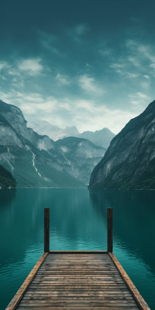 mediterranean lake scene with a boat on calm waters, framed by mountainous vistas. dark green, aquamarine, dark turquoise, and light brown hues create a calming, introspective aesthetic. swiss-style composition and juxtaposed imagery evoke the feel of a lake wallpaper. webcam photography adds a unique touch to the shot. ai generatedの素材