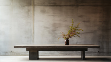 a stone and concrete dining table, inspired by the style of edo art, showcases a serene atmospheric perspective. with a touch of mote kei, this table exudes classic still life compositions and rustic simplicity. its dark gray and dark crimson hues create a captivating contrast, while symmetrical arrangements add a sense of balance and harmony. ai generatedの素材