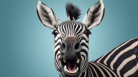 a zebra with its mouth wide open, showcasing the distinctive style of mike campau, combines narrative-driven visual storytelling with elements reminiscent of joel robison's pop art consumer culture. the image features solarization effects and a humorous tone, highlighted by the zebra's mismatched patterns. ai generatedの素材