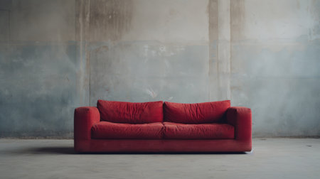 an old couch repurposed into a bedsofa, featuring a contemporary minimalistic design. the photo showcases a matte background with a soft atmospheric perspective. the color scheme focuses on shades of red, complementing the overall aesthetic. the large canvas format highlights the transformation of the couch, while the concrete surroundings add an industrial touch. dusty piles add a sense of authenticity to the scene. ai generatedの素材