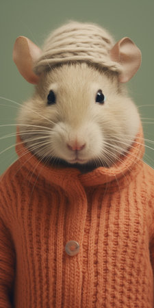 a mouse wearing an orange sweater stands on green grass, showcasing post-internet aesthetics. the exquisite clothing detail in light maroon and light beige adds to its unique style. this kuromicore-inspired image captures the essence of caninecore and features ultra-detailed elements. discover this captivating photo on flickr. ai generatedの素材