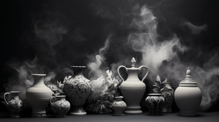 pots emitting smoke in lush baroque still life style, reminiscent of ancient chinese art and influenced by edward poynter. this uhd image showcases intricate floral arrangements, while ambient occlusion adds depth and realism. phil koch's artistic touch is evident in this captivating composition. ai generatedの素材