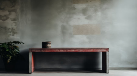 a wooden table in a room with a dark red and gray wall, showcasing the raw materialism and natural minimalism. captured with a ricoh gr iii, the serene atmospheric perspective highlights the beauty of the glazed earthenware, embodying the essence of mingei. ai generatedの素材