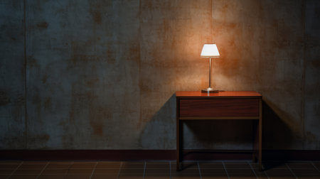 a dark brown wood table is showcased against a dark cement wall in this realistic depiction of light. the mid-century illustration style adds a touch of nostalgia to the scene, with contrasting shades of dark orange and light beige. this associated press photo captures realistic lighting, creating a cabincore ambiance that beautifully portrays everyday life. ai generatedの素材
