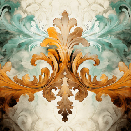the artwork features a vibrant and detailed swirly design in multiple colors, reminiscent of baroque ornamental flourishes. the light amber and cyan hues create a captivating contrast, while the intricate feather rendering adds depth to the piece. the use of vibrant watercolor techniques brings the artwork to life, evoking a sense of rococo realms. the focus on materials and the orderly symmetry further enhance theの素材