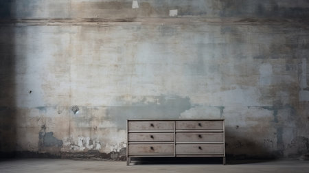 a small grey chest of drawers is placed in a bathroom with old walls, creating a rustic and serene atmosphere. the photo is captured in the style of a motion blur panorama, reminiscent of the song dynasty. with its 8k resolution, the image showcases a minimalist sculptor's touch, resulting in a matte photo that exudes a tranquil and atmospheric perspective. ai generatedの素材