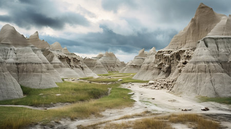 badlands national park in south dakota is captured in this photo, showcasing its unique and dramatic landscape. the image is presented in the style of moody tonalism, with post-apocalyptic imagery and a color palette of beige and azure. the tabletop photography technique enhances the composition, while post-apocalyptic themes add depth to the scene. shot with a fujifilm x-t4, this photo captures the essence of theの素材