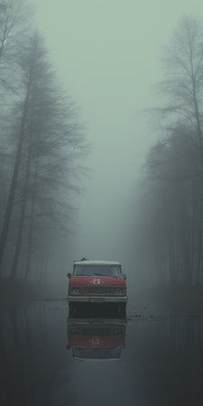 a car floats in the water amidst trees, showcasing the distinct style of anton semenov. with a combination of light gray and red hues, the scene resembles the artistic influence of lois van baarle. set in rural china, the misty atmosphere adds to the captivating and lo-fi aesthetic of the photograph. ai generatedの素材