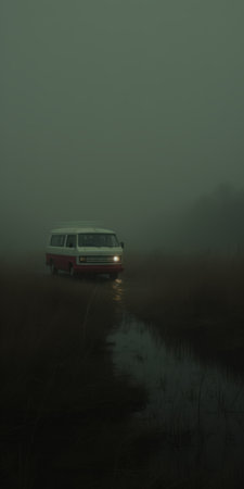 a white van is parked on the grass, evoking a gauzy atmospheric landscape reminiscent of ethereal horror. this captivating photo captures elements of artists mike winkelmann and asher brown durand, with its dark teal and red tones. it resembles a movie still and was taken using fujifilm natura 1600 film. ai generatedの素材