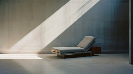 a chair in a gray space, styled with solarization, zen-inspired, photorealistic compositions. the light indigo and brown hues complement the polished concrete surroundings. captured using fujifilm eterna 500t, the sunrays beautifully illuminate the chair. ai generatedの素材