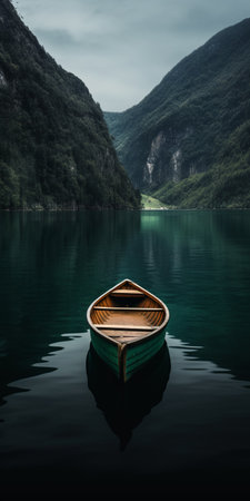 mediterranean lake scene with a boat on calm waters, framed by mountainous vistas. dark green, aquamarine, dark turquoise, and light brown hues create a calming, introspective aesthetic. swiss-style composition and juxtaposed imagery evoke the feel of a lake wallpaper. webcam photography adds a unique touch to the shot. ai generatedの素材
