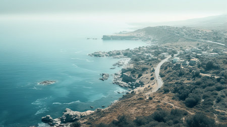 aerial view of a road winding through a hilltop, with a stunning backdrop of mountains, forests, and the ocean. this stock photo (23804054) captures the essence of orientalist landscapes, with its turquoise and gray tones. the image has been cross-processed, giving it a unique and artistic look. it is reminiscent of mediterranean-inspired coastal and harbor views, shot in the style of ricoh gr iii. aiの素材