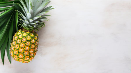 fruit and pineapples with leaves arranged on white sand, creating a minimalist background. this commercial imagery showcases a unique blend of marble, manapunk, and innovative page design. the light yellow and gray tones add a touch of elegance to this aerial view photograph. ai generatedの素材