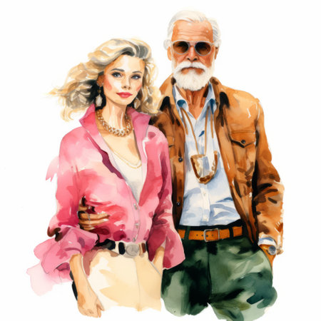 a stunning fashion illustration of a beautiful couple with long hair, depicted in a white watercolor style reminiscent of stan lee's artwork. the illustration features a captivating blend of dark gold and pink tones, creating a visually striking image. with its multi-layered composition, this fashion illustration captures the essence of steve and george lucas' artistic influences. perfect for greeting cards and fashion enthusiasts alike. aiの素材