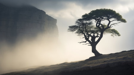 a majestic single tree stands atop a mountain, evoking the essence of cowboy imagery. this national geographic photo captures the beauty of layered and atmospheric landscapes, reminiscent of classical and historical genre scenes. the composition is reminiscent of the blue rider movement, with light-filled landscapes and a touch of mist adding to its ethereal charm. ai generatedの素材