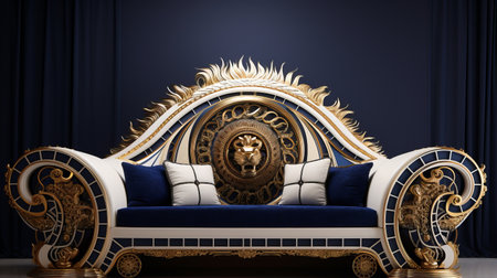 golden lion chesterfield sofa in a living room, showcased in a captivating 3d illustration vector design. surrealist-inspired elements blend seamlessly with a light white and navy color scheme. created using unreal engine 5, this artwork incorporates mythological references and draws inspiration from byzantine and bengal school of art, harmoniously merging natural and man-made elements. ai generatedの素材
