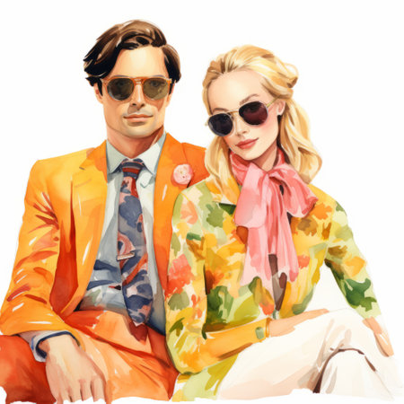 a man and woman wearing sunglasses pose in a painterly style, reminiscent of fashion illustrations. the vibrant orange and amber hues create a watercolor-like effect, adding to the precisionist feel of the image. their colorful costumes and the classic portraiture composition make this photo a captivating visual experience. ai generatedの素材