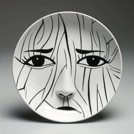 a plate with a bold, graphic face drawn on it, featuring emotionally charged and dramatic black and white portraits. made of porcelain, this expressive piece showcases heavy lines and caricature faces with captivating and expressive eyes. ai generatedの素材