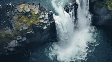 aerial view of a stunning waterfall in iceland during the summer, captured in the photorealistic style by erik johansson. the close-up shot showcases the intense beauty of the cascading water, surrounded by a palette of dark navy and gray tones. this mesmerizing image, available in ultra hd, evokes the spirit of the hudson river school. explore this captivating scene on flickr. ai generatedの素材