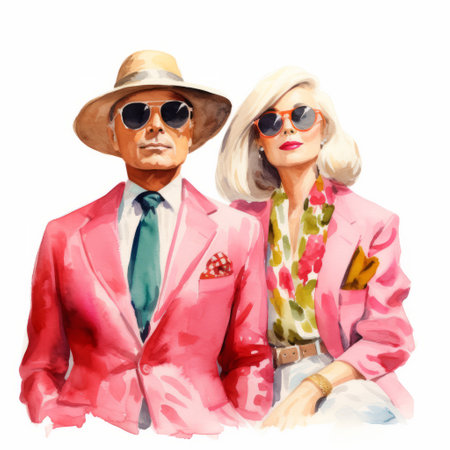 two individuals wearing vibrant pink suits and stylish sunglasses are seated side by side. the artwork showcases a realistic watercolor style, reminiscent of golden age illustrations. the portraits are bold and colorful, with an elegant touch to their clothing. the use of kodak colorplus film enhances the rich color palette, adding a touch of grandparentcore aesthetic to the overall composition. ai generatedの素材