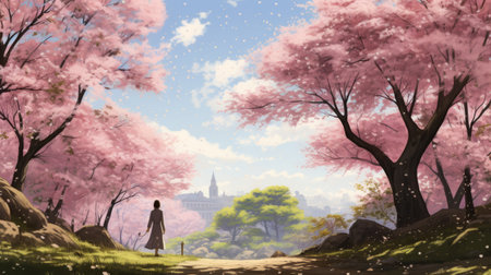cherry blossoms create a picturesque scene on a path, leading to an island. this high-definition wallpaper, created by anatomiafogia, features detailed character illustrations in the style of artists like alex andreev and yumihiko amano. the image showcases a dreamscape portraiture, digitally enhanced by sergey musin, with vibrant and multicolored landscapes. ai generatedの素材
