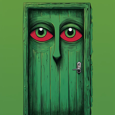 a green door adorned with two eyes, reminiscent of surrealistic cartoons and stylized portraiture. this unique door showcases elements of chiaroscuro woodcuts and editorial illustrations, with a captivating blend of green and crimson hues. its peculiar fantasy aesthetic is enriched by the presence of hidden details, making it a truly intriguing piece. ai generatedの素材