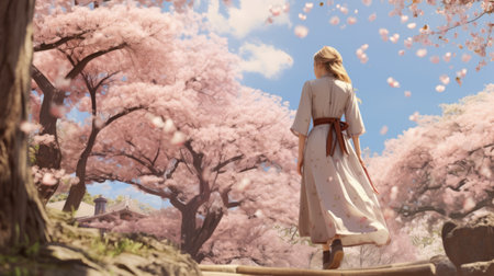 a woman in a dress stands gracefully amidst a breathtaking landscape of cherry blossoms. this stunning image, created using unreal engine 5, captures the essence of historical accuracy and forced perspective. with its 32k uhd resolution, the terracotta hues and grandiloquent landscapes transport viewers into a world reminiscent of animated film pioneers. ai generatedの素材