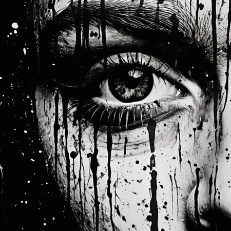 a powerful portrait of a woman's eye, captured in black and white. the eye is adorned with splattered paint, reminiscent of gothic illustrations and graffiti-inspired portraiture. this unique artwork showcases the beauty of layered portraits, with dark reflections and captivating drips and splatters. ai generatedの素材