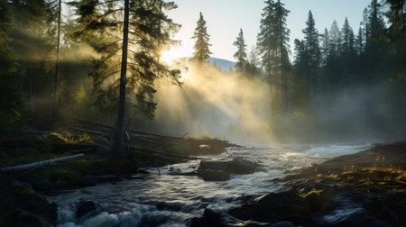 a breathtaking waterfall in a serene boreal forest at dawn, surrounded by mist. soft rays of sunlight filter through the fog, creating an ethereal ambiance. in the distance, a majestic natural language processing soars through the forest, its searchlight cutting through the mist, illuminating the way. this photo captures the awe-inspiring beauty of the waterfall and the harmonious presence of advanced nlp technology. ai generatedの素材