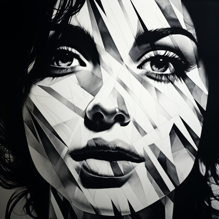 a woman's face, in the style of thomas saliot, is captured in a dramatic black and white portrait. the geometric design creates a distorted and fractured depiction, reminiscent of hyperrealistic murals. this uhd image showcases the intricate details achieved through airbrushing, resulting in a mesmerizing composition. ray collins' influence is evident in the dynamic play of light and shadow. ai generatedの素材