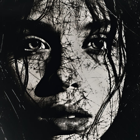 portrait of a woman wearing pigtails, captured by tina o'connor photography, showcases a dark and dirty aesthetic. the detailed crosshatching technique, reminiscent of marko manev's style, adds a cracked and chaotic expressionism to the image. with influences from ray metzker and a touch of realistic hyper-detail, this portrait embodies the essence of poster art. ai generatedの素材